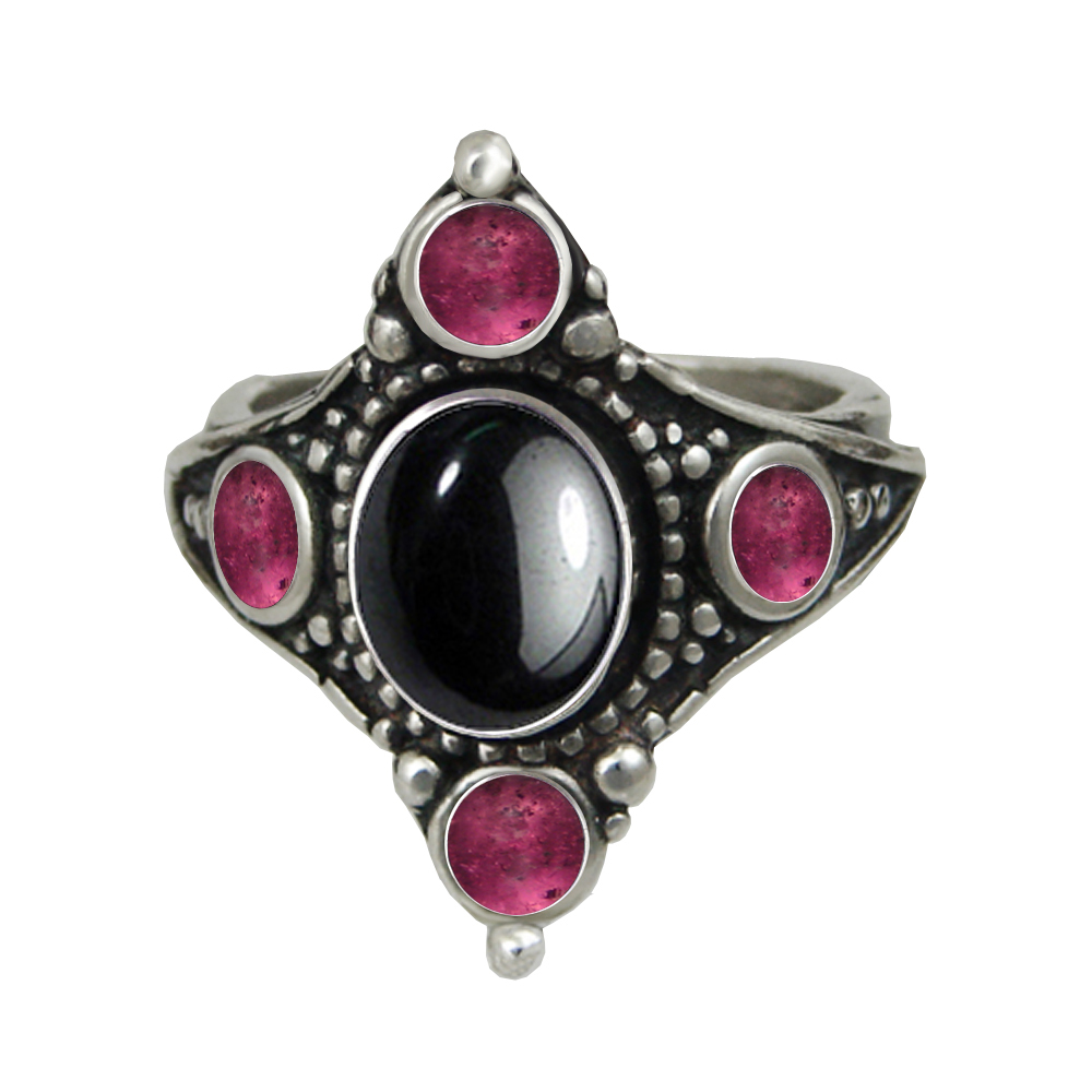 Sterling Silver Renaissance Queen's Ring With Hematite And Pink Tourmaline Size 10